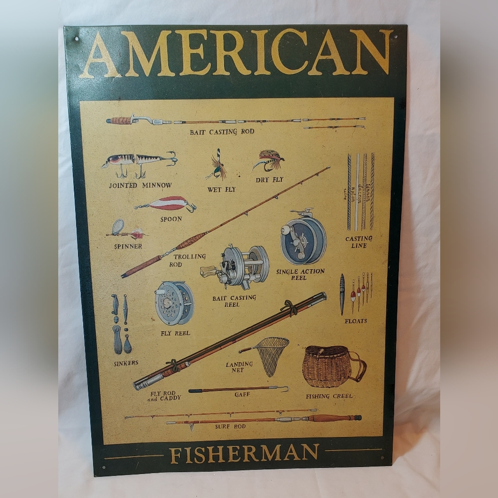 American Fisherman Vintage 1997 Fishing Equipment Distressed Metal Sign